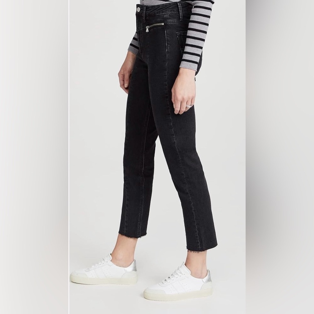 Paige Sarah Slim High Rise Jeans Raw Hem & Zippers in Virgo Black Size 28 - Picture 14 of 16